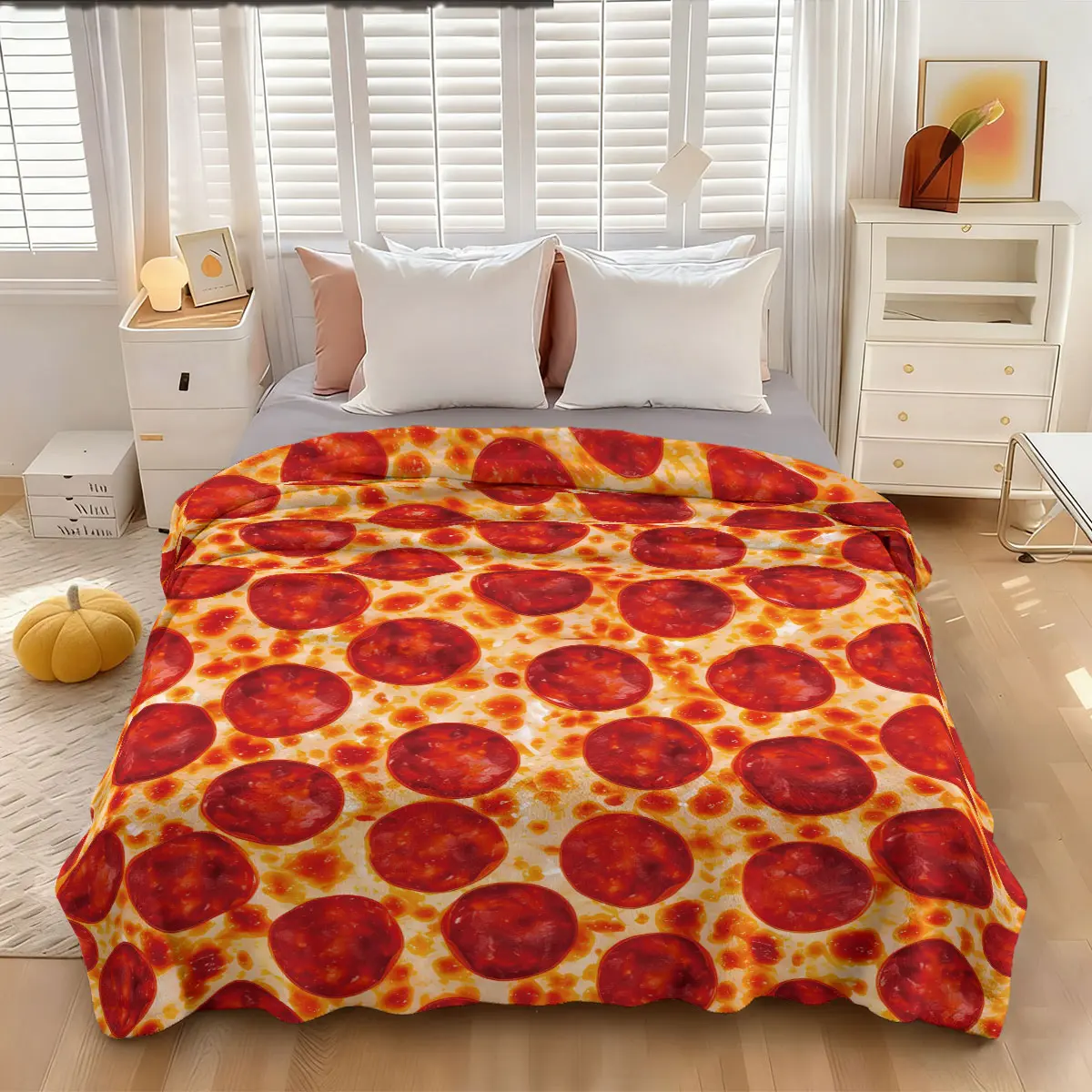 1 piece of food themed fun cartoon sausage pizza element flannel blanket is skin-friendly, soft, machine washable, suitable for office and home, suitable for all seasons, sofa blanket, bed blanket, Cartoon Pattern Blanket, Flannel Throw Blankets