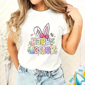 Happy Easter, with Bunny Ears and Colorful Eggs - Washable and Fade-Resistant Transfer Decals for Clothing, Pillows, Backpacks | DIY Easter Crafts & Fabric Decorations | Rabbit Ear Pattern Accessories