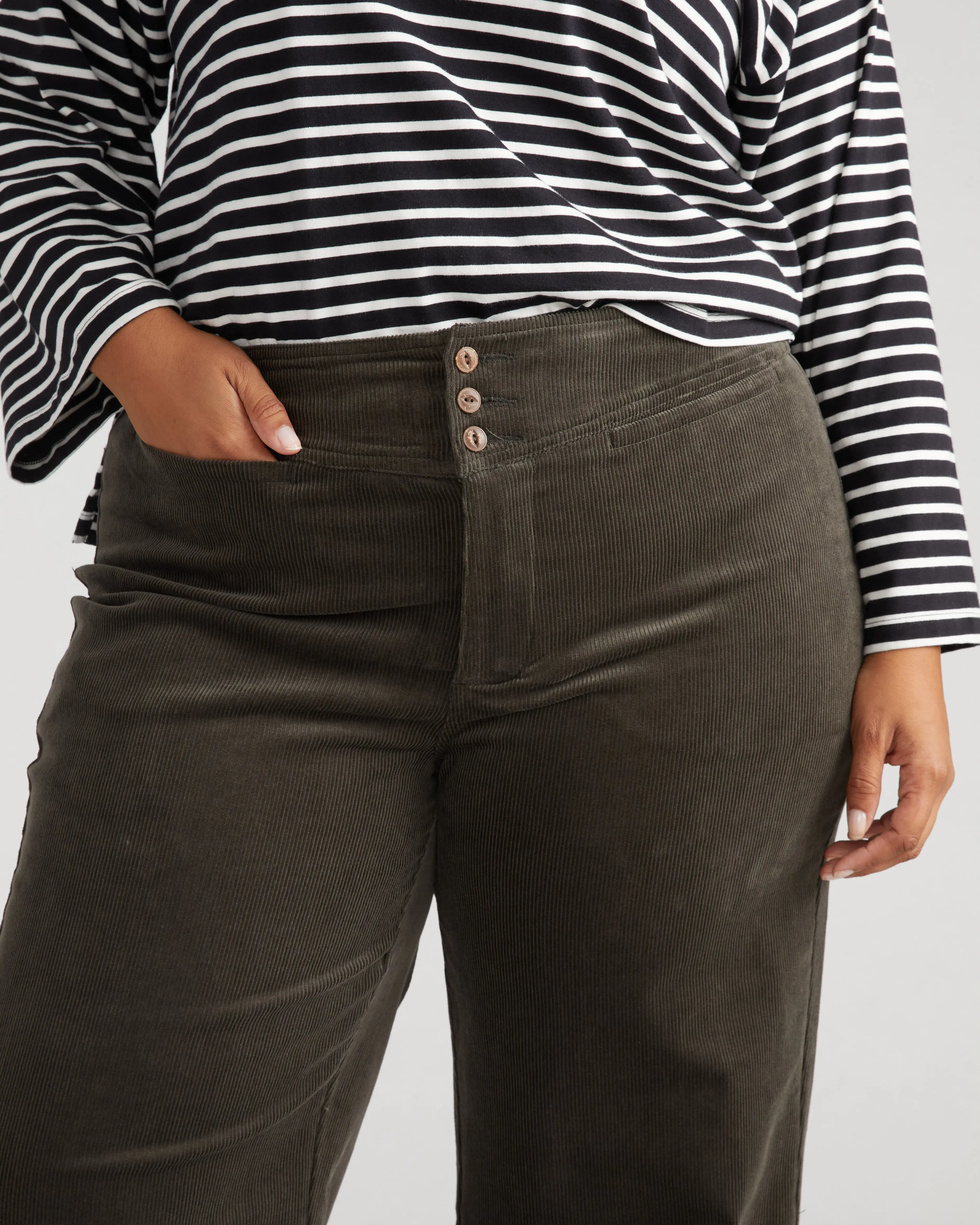 Women's Charlie Retro Sailor High-Waisted Wide Leg 70s Style Corduroy Bottoms - Polyester Mix Pants with Pockets and Button Waist - Nori, High Waisted Pants, Sailor Pants