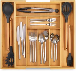 Expandable Bamboo Kitchen Drawer Organizer - Adjusts to Drawer Size - Drawer Organizer for Kitchen & Office Boxes