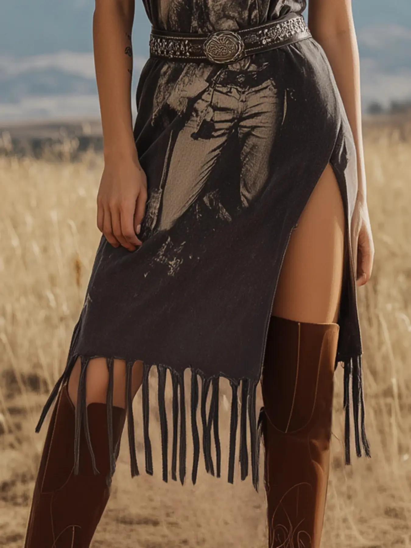 Western Cowgirl Graphic Print Maxi Tee Casual Dress | Elegant Vintage Washed Tassel Fringe Slit Dress | Country Concert Rodeo Outfit Womenswear