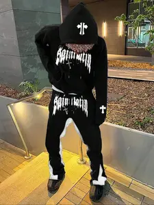 Men's Casual Drawstring Pocket Sweatshirt and Colorblock Micro Flare Pants Set, Letter & Cross Print, Streetwear Fall Winter