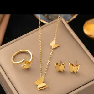 Elegant Butterfly Set - Necklace, Ring, and Earrings in Gold Color