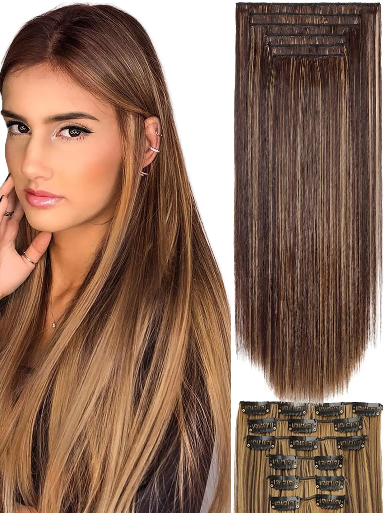 24 Inch 6 Piece Clip-In Scene Hair Extensions, Long Straight Synthetic Hair Pieces, Highlights, Daily Use for Women and Girls, Synthetic Hairpieces