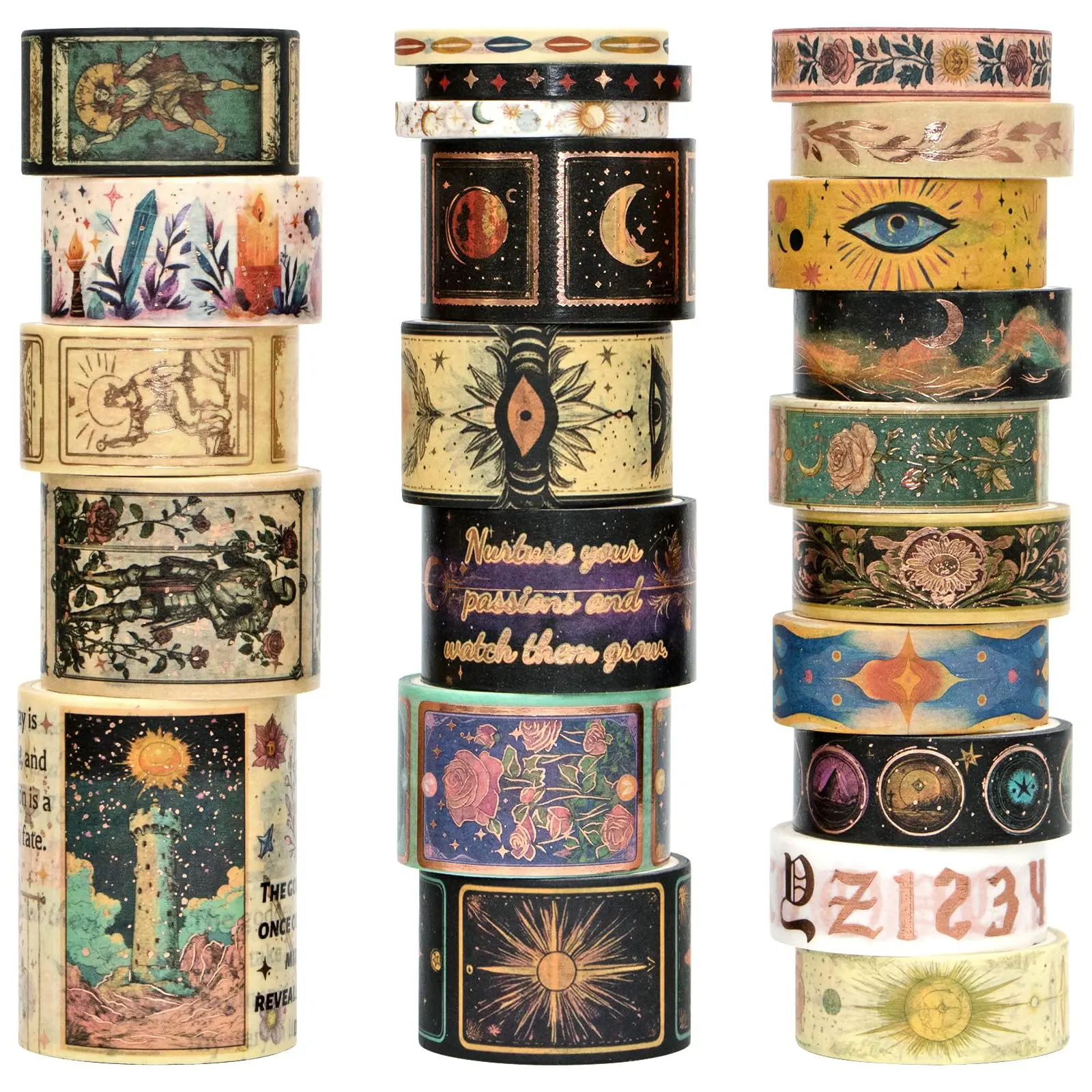 23-Roll Tear-Easy Washi Tape Set - Gold Foil Tarot Series, Vintage Mystic Unique Designs, Office Stationery for Scrapbooking, DIY Crafts Journaling Aid
