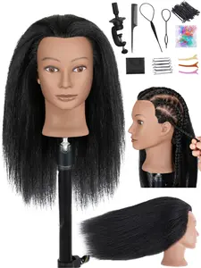 Mannequin head with 100% real human hair, mannequin head with real human hair, beauty doll head for hairdressers to Hairdressing Practice braiding, styling, curling, and cutting hair. Display includes a stand and a tool kit