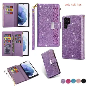 Wrist Strap Zipper Flip Protective Case For iPhone 17 Pro Max 16 Plus 15 14 13  Multi 9 Cards Glitter Leather Lanyard Wallet Cover Smartphone