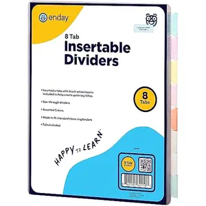 Enday 8 Dividers for 3 Ring Binder - Standard Index Folder, Plastic Multicolor With White Insertable Tabs in Green, Blue, Pink, Purple, Red, Grey, White, and Light Blue