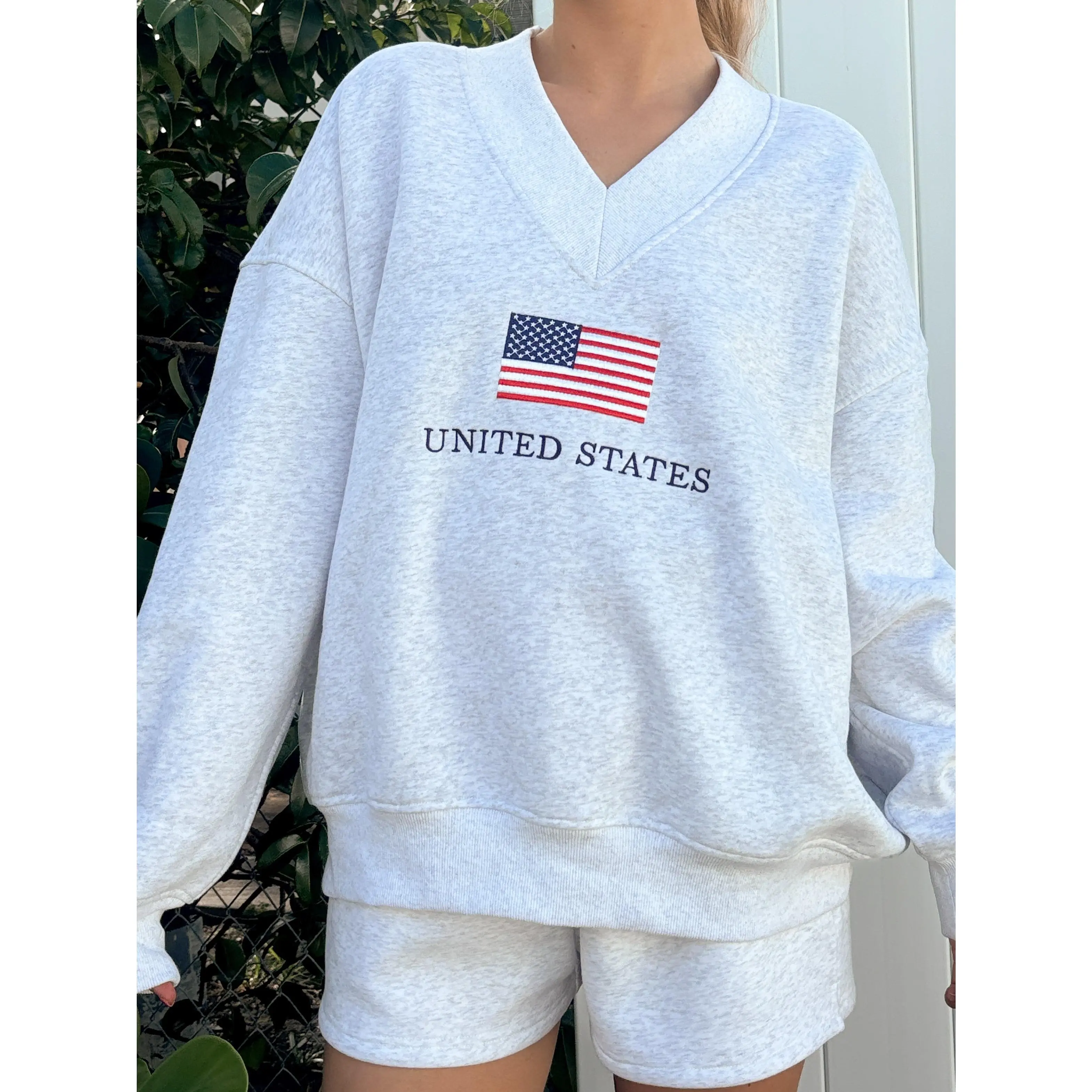 Pearl Grey United States Flag Embroider V-Neck Sweatshirt