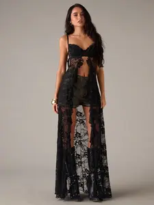 Women's Lightweight Adjustable Strap Heart Neckline Split Front Sheer Lace Long Dress, Bright Color Lace Off-Shoulder Top