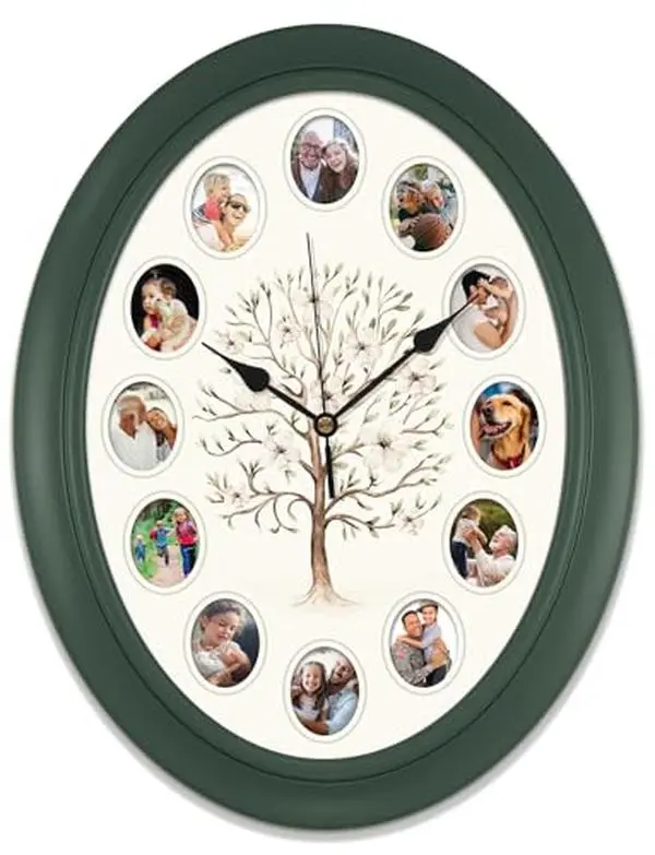Family Tree Personal Photo Frame Oval Wall Clock, 14 Inch Custom Family Picture Clock, Personalized Photo Collage Wall Clock, Decorative Family Tree Wall Decor, Battery Operated Silent Quartz Clock, Memory Display Clock for Living Room, Home Décor, Gift.