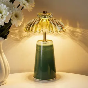 MJ PREMIER Cordless Lamp, Battery Operated Lamp with Timer, Crystal Glass Flower Lampshade, Small Table Lamps, Decorative Led Warm Light for Bedroom Living Room Shelf