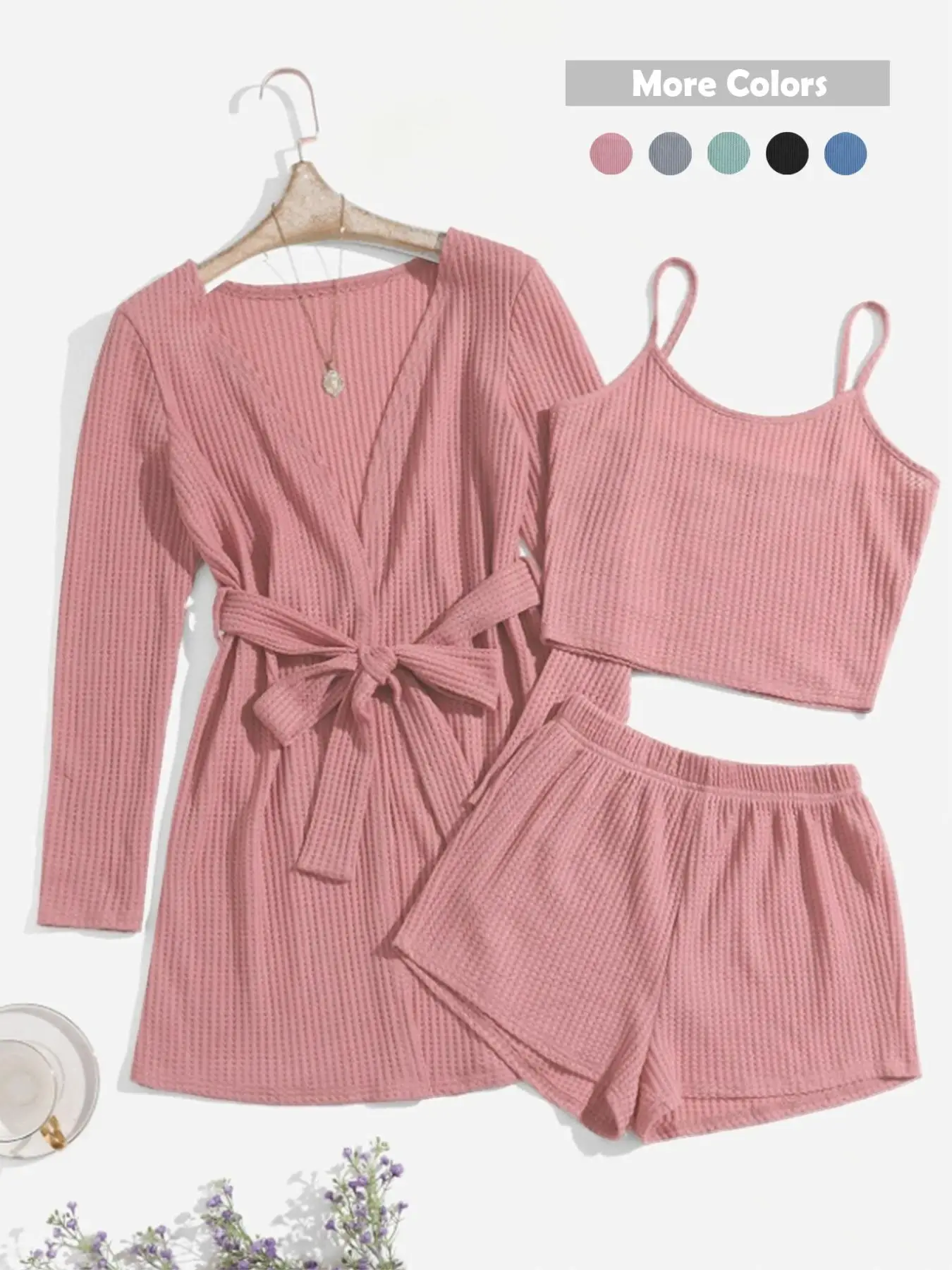 Women's Solid Textured Belted Lounge Robe & Crop Cami Top & Elastic Waist Shorts Loungewear Set, Pajama Sets Women, Lounge Sets, Ladies Spring Sleepwe