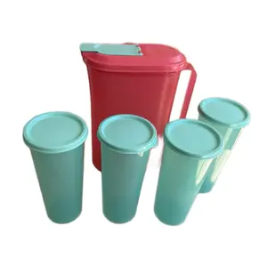Slim pitcher color coral,with 4 tumblers 470 ML color aqua green