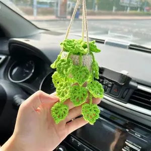 Crochet Plant Car Hanging Ornament, Cute Car Rearview Mirror Hanging Accessories, Car Interior Decoration Accessories for Women & Men
