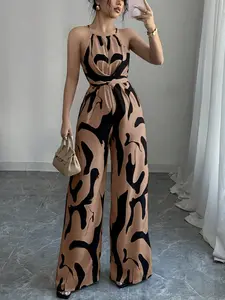 Style Abstract Print Halter Belted Wrap Jumpsuit, Sleeveless Waist Cinching Wide Leg Pants, Sexy Girl Overall Pant