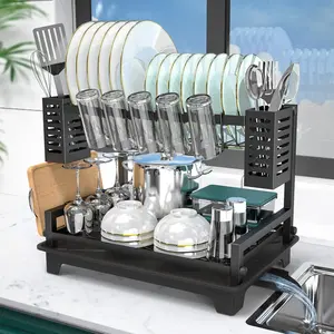 Dish Drying Rack,2 Tier Dish Racks for Kitchen Counter,  Drying Rack with Drainboard & Utensil Holders, Kitchen Organization Organiser Stainless Steel