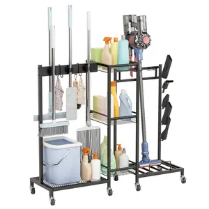 Portable Broom Mop Organizer with Wheels, 3-Tier Heavy Duty Steel Storage Rack for Cleaning Supplies, Holds 6 Brooms & Vacuum Attachments, Includes Shelves & Hooks, Movable Cleaning Tool for Home Utility Room