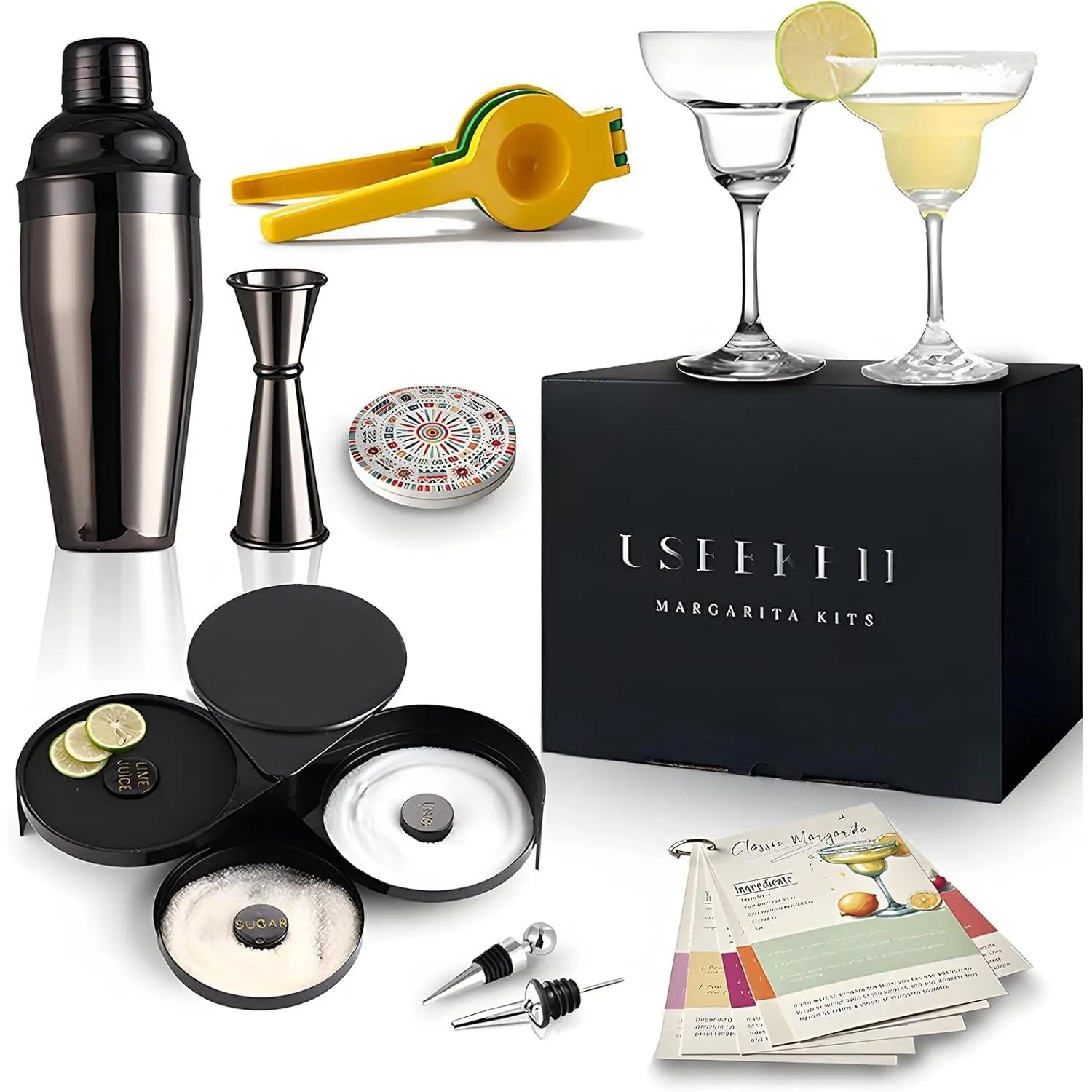 Margarita Kit - Set of 2 Margarita Glasses (8.5oz), 3-Tier Salt Rimmer, Stainless Cocktail Shaker & Jigger, Coasters, Cocktails Cards, Citrus Squeezer and More - Margarita Kit Gift Set