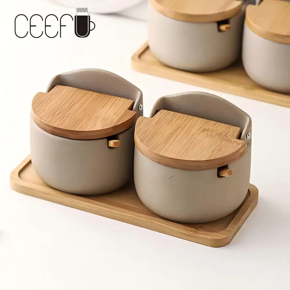 CEEFU Wabi-Sabi Ceramic Sugar Bowl & Spice Jar Set - Antique High Porosity Pot, Flip Lid, Spoon, Antique-Ready Look, Kitchen Accessories, Condiment Pot, Canister, Home Storage, Ideal Wedding Gift