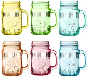 Mason Jar Cups, Mason Jars With Handle And Lids, Drinking Glasses Cups, Glass Mugs with Handles 16 oz –6 Pack