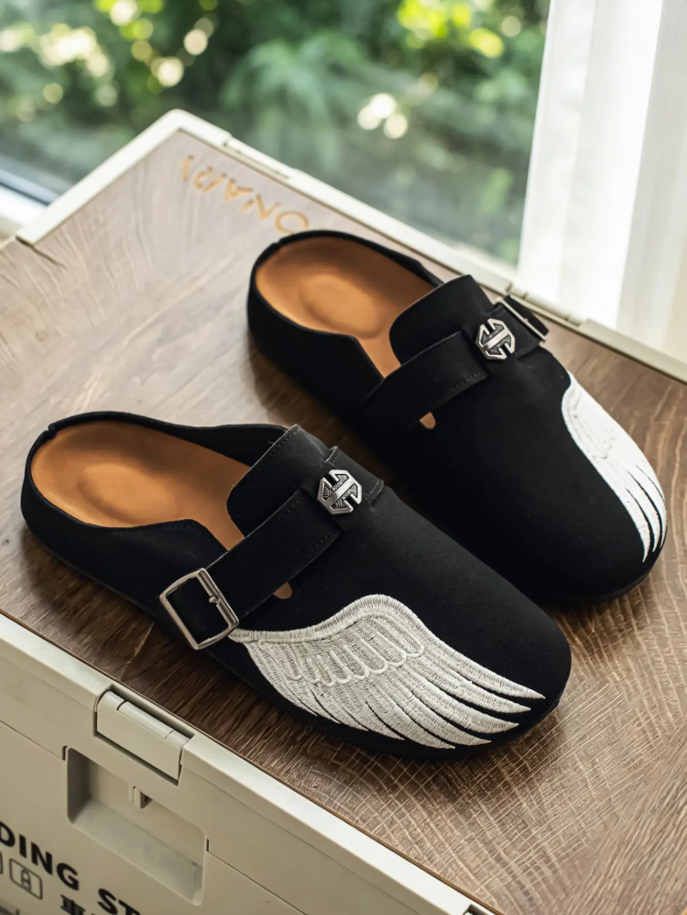 Crafted Suede Clogs with Wing Design, Unisex Slip-On Mules with a Round Toe and Buckle, Casual Shoes for Beach & Home, Crafted Clogs, Rubber, Footwear