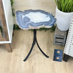 Natural Brazilian Agate Side Table on a black metal base, 22" Tall #1306-0047
