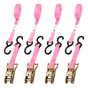 Heavy Duty Ratchet Strap 4PK Premium Tie Down Straps for Moving & Securing Cargo Coated Deep S-Hook Extra Safety Lockable Release Made in USA PINK 8 FT