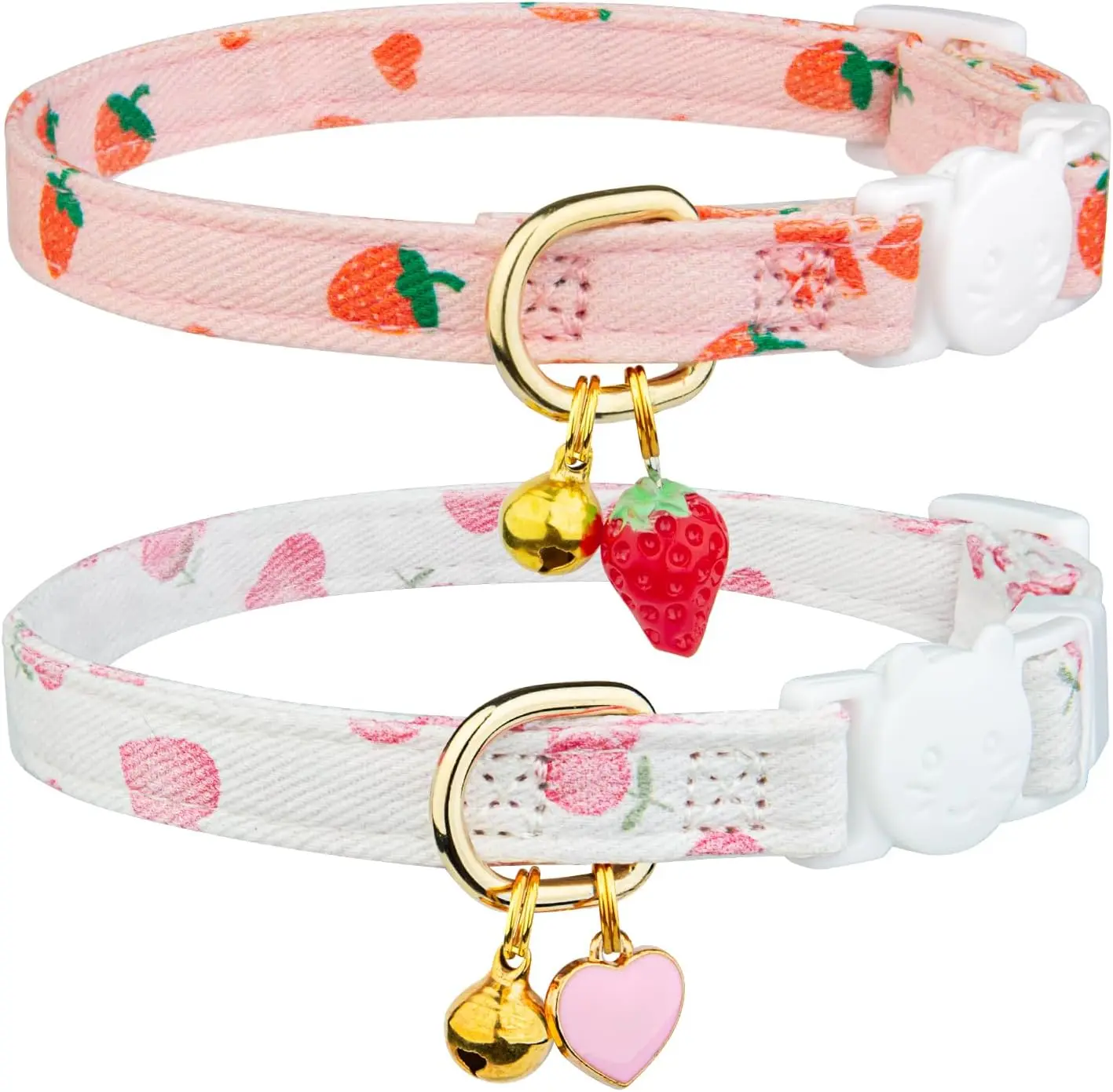 Cotton Cat Collars (2-Pack) - Pink Strawberry & Exclusive Original Floral Pattern, 7"-11.5" Adjustable, Breakaway with Choke Guard, White Heart Pendant Bell, Handcrafted for Festivals & Kitties, 7" To 11.5"