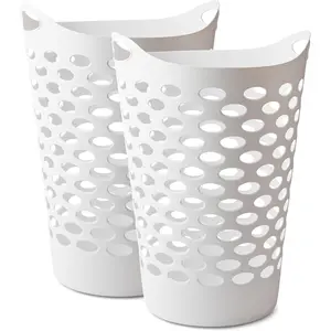 2 BUSHEL Flexible Laundry Basket,Tall plastic hamper for Clothes, Bedroom, and Storage - Portable Round Bin with Carry Handles 17.75" x 17.25" x 26", White (2)