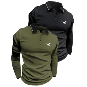 2-Pack Men's Spring And Autumn Lightweight Bird Logo Print Long-Sleeve Buttoned Polo Shirt Fashionable Casual Sports Travel Business Lightweight Work Golf Fishing Camping Gift For Boyfriend Or Husband Holiday Men's Outfit Set Golf Apparel