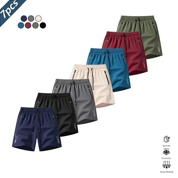 Men’s quick-dry lightweight breathable shorts, 7-pack, casual athletic style, wrinkle-resistant polyester blend fabric, solid color with reflective lightning stripe accents, suitable for running, basketball, and fitness training. SpringStatements