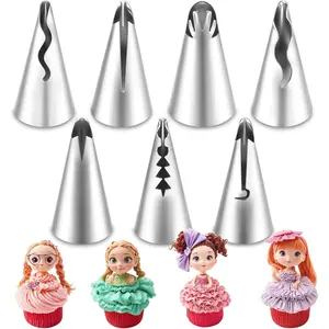 7 count Piping Tips Set - Stainless Steel Cake Decorating Tube Set with Pleated Skirt and Ruffle Piping Nozzles