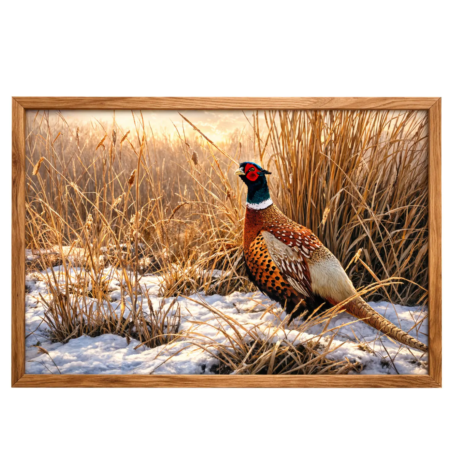 Vintage Pheasant Wildlife Poster in Natural Wood Frame, Winter Marsh Bird Wall Art, Thoughtful Gift March Seventeen for Nature Lovers, Perfect Decor for Living Room, Cabin or Rustic Lodge