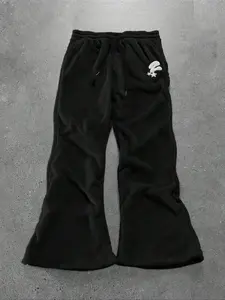 Men's Letter Embroidered Drawstring Waist Flare Sports Pants, Plush Warm Coral Fleece, Casual Loose Fit, Fall & Winter Wear, Athleisure Style Bottoms