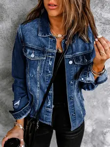 Women's Casual Long Sleeve Collared Dark Wash Denim Jacket Coats, Ripped Design, Fitted Style, Button Front, Pockets, Fashionable and Versatile Outerwear, Womenswear