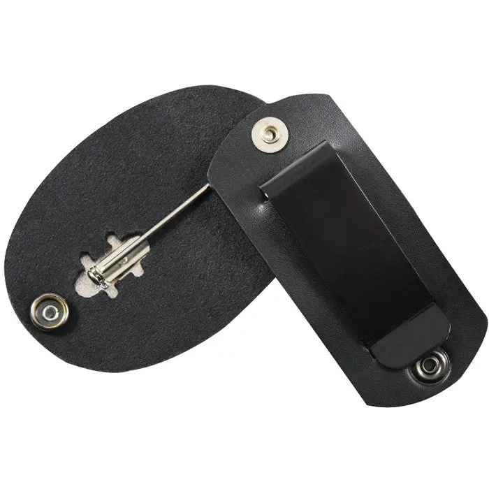Black Front/Back Leather Clip-On Badge Holder with Swivel Snap, for Law Enforcement Shield Badges, Id Badge Clip