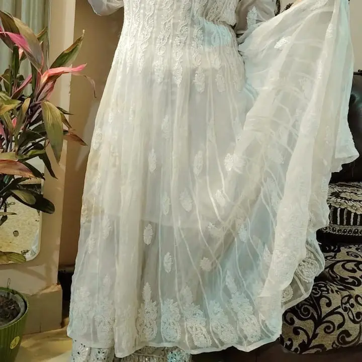 Women's White Anarkalli kurti with Inner Chikankari - Size 36, 38 - Casual, Womenswear