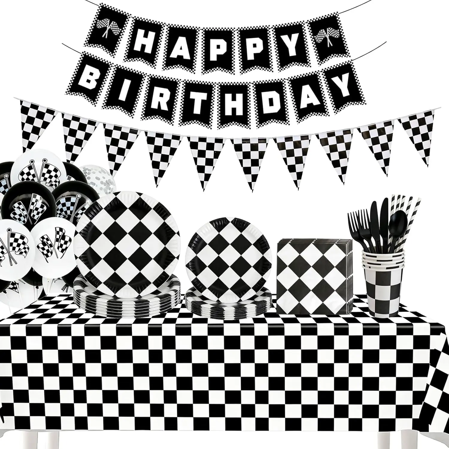 196Pcs Black White Checkered Race Car Birthday Party Supplies Set - Decorations & Favors Including Banner, Plates, Cups, Napkins, Cutlery for Birthday Gifts, Cartoon