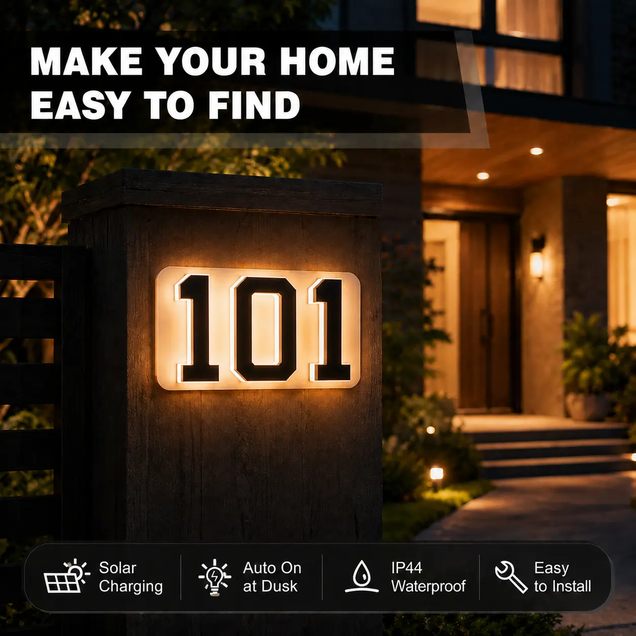9-Inch Wireless Solar-Powered LED Address Sign, Backlit House Number Plaque for Home, Mailbox, Fence, Easy No-Wiring Installation