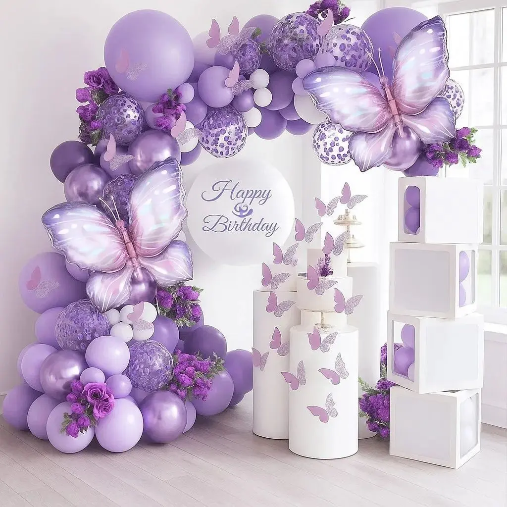 129pcs Butterfly Balloon Arch Kit, Shimmering Balloons, Large Butterfly Foil Balloons, Party Decorations, Birthday Party Decorations, Balloon Party Supplies