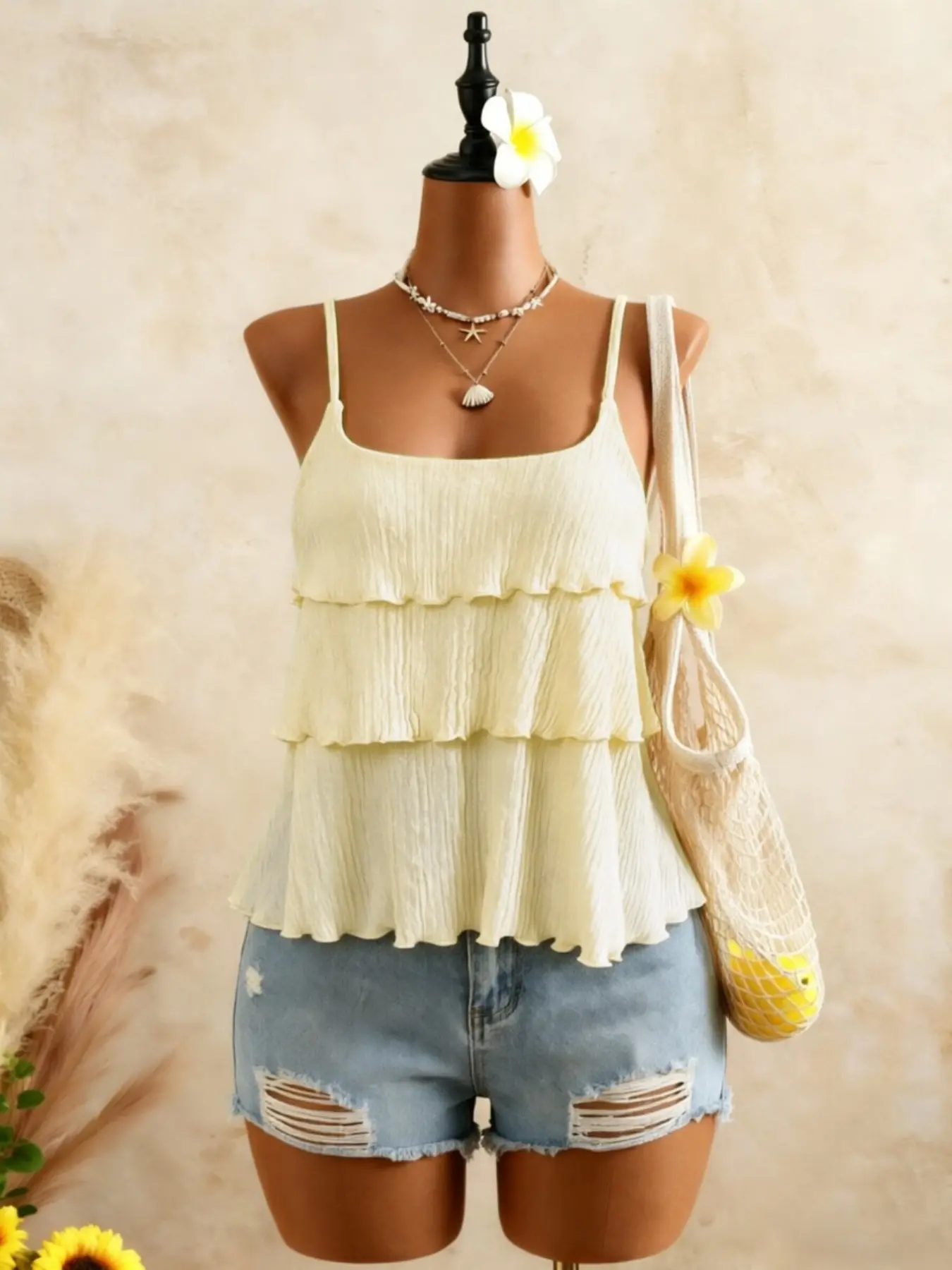 Women's Cute Chic Comfortable Sleeveless Layered Ruffle Top, Summer Lightweight Textured Strappy Camisole