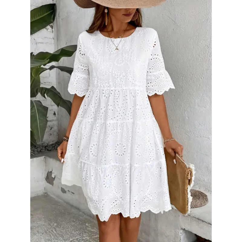 Women's Pure Color Casual Wear Embroidered Dress - 3.27 in, Round Neck, Hollowed-Out Lining, Elegant Casual Fabric Chic