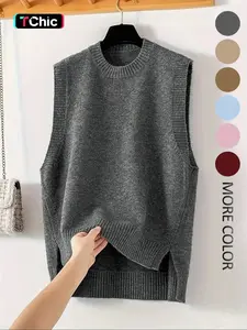 Women's Solid Color Round Neck Sweater Vest, Fit Casual Chic Aesthetic Sleeveless Knitwear Top for Daily Wear, Ladies Knit Clothing for Fall & Winter