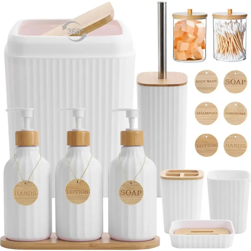 Bathroom Accessories Set White Bathroom Set with Trash Can,3PCS Lotion Soap Dispenser,  Holder, Soap Dish,Tumbler Cup,6pcs  Tags White Bath Accessories with Tray for Bathroom Decor