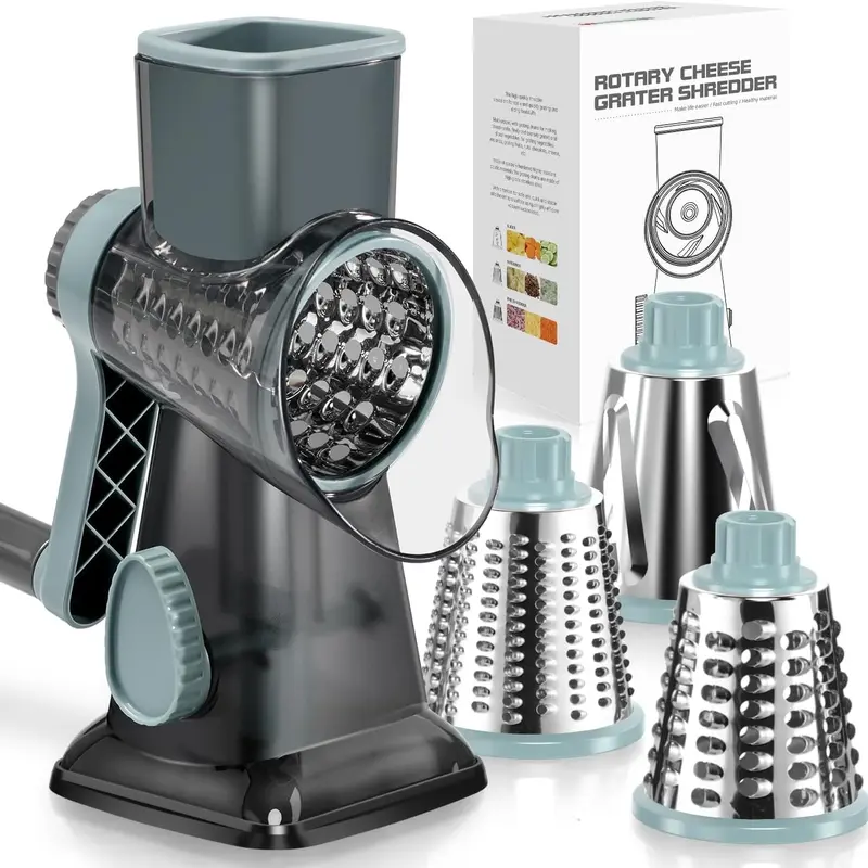 3-in-1 Rotary Cheese Grater-Mandoline Slicer - Hand Crank Kitchen Utensil with Strong Suction Base, 3 Stainless Steel Drum Blades for Vegetable Shredding, Nut Grinding