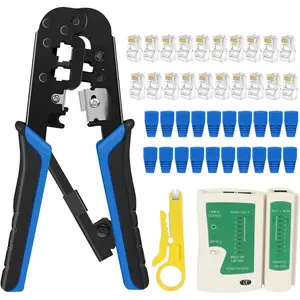 RJ45 Crimping Tool Kit Ethernet Crimp Set, RJ-11, 6P/RJ-12, 8P/RJ-45 Crimp, Cut and Strip with 20 count CAT5 CAT5e Connectors, Covers,1 Network  Tester 1 Wire Stripper