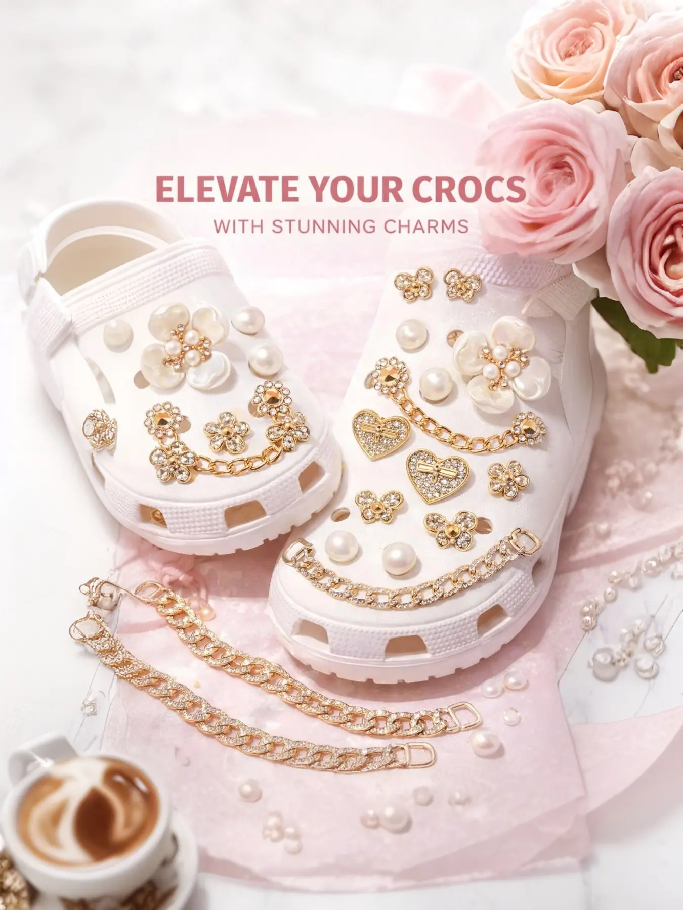 Sparkling shoe embellishment set, Bling Shoe Charms, Shoe Accessories, featuring pearl flowers and crystal rhinestones, perfect for Crocs, cute decorations, great for parties and birthdays. TikTokShopBlackFriday