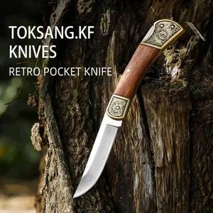 Retro embossing bolster pocket knife, EDC Folding Knife,  wood handle with 7cr13 stainless steel blade outdoor tools