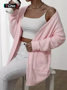 WOMEN'S PINK KNITTED CARDIGAN, BUTTON - FREE DESIGN, PRACTICAL AND ATTRACTIVE DOUBLE - SIDE POCKETS, SUITABLE FOR SPRING AND AUTUMN WEAR, SOFT AND COMFORTABLE, PERFECT FOR DAILY USE, Knitwear